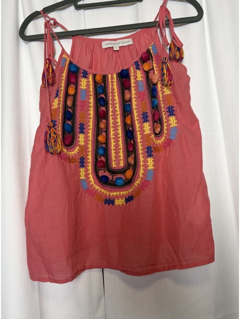 Christophe Sauvat Embroidered Pink Pom Pom Cotton Tank Blouse. Size XS $168